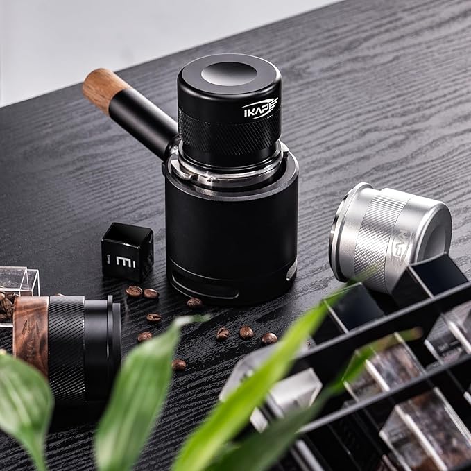 IKAPE 53MM Espresso Tamper, New Wooden Handle Design，Premium Barista Coffee Calibrated Tamper with Spring Loaded, 100% Stainless Steel Tamper Compatible with All 54MM Bottomless Portafilter