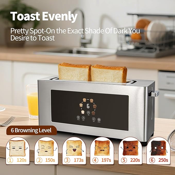 Touch Screen Toaster with LCD Display, Slim Toaster 2 Slice - Long 10" Slot for Baguettes & Extra Wide 1.6" Slot, 6 Browning Levels, 1200W, Space Saving