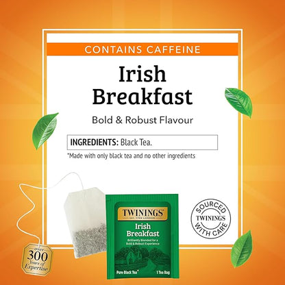 Twinings Irish Breakfast Black Tea Individually Wrapped Bags, 50 Count (Pack of 6), Flavourful, Bold, Robust, Caffeinated, Enjoy Hot or Iced, 300 Teabags