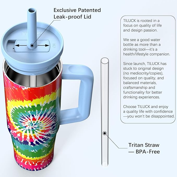 TILUCK 30 oz Tumbler with Handle, Vacuum Insulated Stainless Steel Travel Mug with 100% Leak-Proof Silicone Straw Lid, Cupholder Friendly Water Bottle(RotatingRainbow, 30oz)