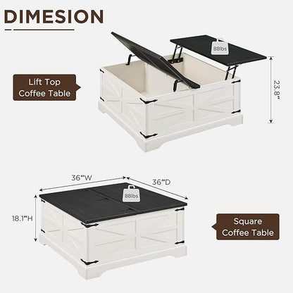 JXQTLINGMU Farmhouse Lift Top Coffee Table with Storage, 36" Wood Square Center Table with Large Hidden Compartment, Rustic Lift Tabletop Dining Table for Home Living Room, White