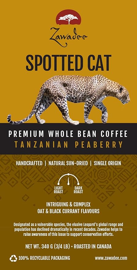 Whole Bean Coffee Spotted Cat Tanzanian Peaberry 3/4 lb 340 grams