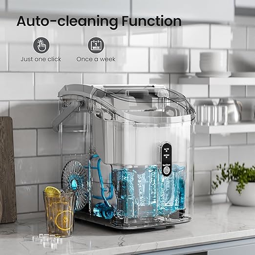 AGLUCKY Nugget Ice Makers Countertop,Portable Pebble Ice Maker Machine with Chewable Ice,One-Click Operation,Self-Cleaning for Home/Office(Grey)