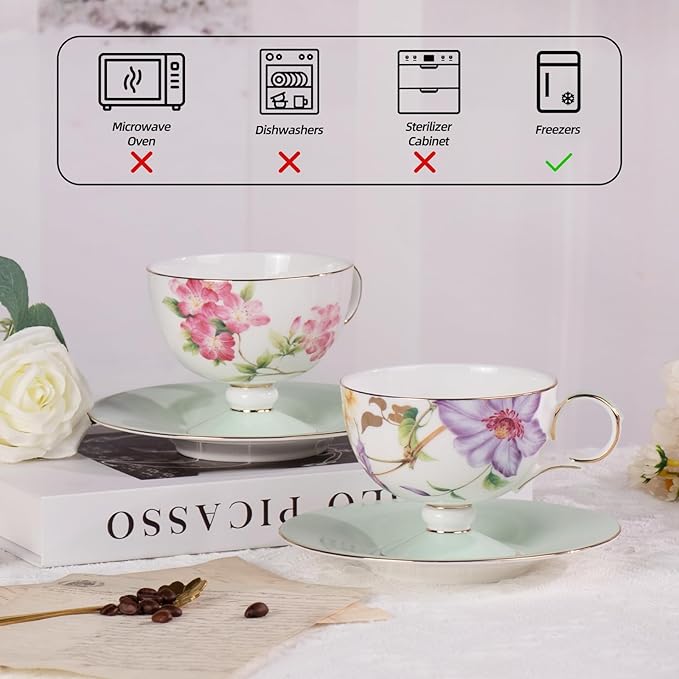 KAMMAK Ceramic Coffee Cups Saucers Set of 2, Porcelain Espresso Cups with Saucers, 7.44 oz Handcrafted Elegant Bone China Tea Cups, Passionflower & Crabapple Blossom Teacup for Party, Women Gift