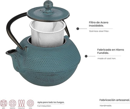IBILI 40 Oz Azul Cast Iron Teapot | Made in Spain | Floral Design, Stainless Steel Infuser, Enameled Interior, Stovetop & Induction Compatible, Japanese Kettle for Loose Leaf Tea, Tetsubin Design Blue