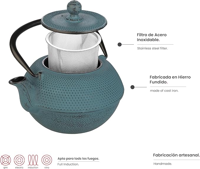 IBILI 40 Oz Azul Cast Iron Teapot | Made in Spain | Floral Design, Stainless Steel Infuser, Enameled Interior, Stovetop & Induction Compatible, Japanese Kettle for Loose Leaf Tea, Tetsubin Design Blue