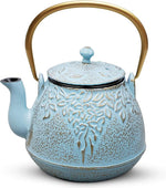 Load image into Gallery viewer, TOPTIER Japanese Cast Iron Tea Kettle with Stainless Steel Infuser, Cast Iron Teapot Stovetop Safe, Leaf Design Teapot Coated with Enameled Interior, 32 Ounce (950 ml), Turquoise Blue