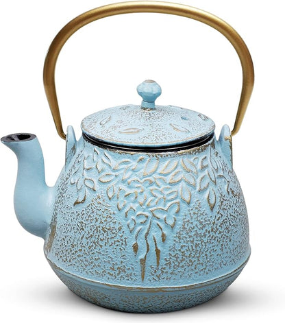 Tea Kettle, TOPTIER Japanese Cast Iron Tea Kettle with Infuser for Loose Leaf and Tea Bags, Stovetop Safe Cast Iron Teapot Coated with Enameled Interior for 40 oz (1200 ml), Turquoise Blue