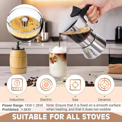 Induction Moka Pot, 4 Cups (7.1 oz) Crystal Glass-Top & Stainless Steel Moka Pot, Classic Stovetop Espresso Maker, Silver