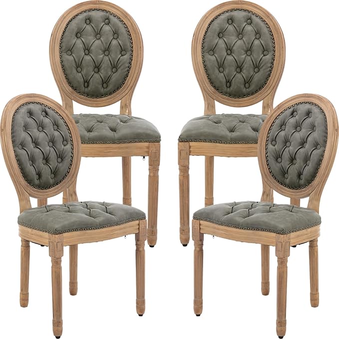 Vintage French Country Dining Chairs Set of 4, PU Leather Dining Chairs with Solid Wood Legs, 4 Dining Chair Set, Sillas para Comedor, Kitchen & Dining Room Chair (Olive Green, PU, 4Pcs)