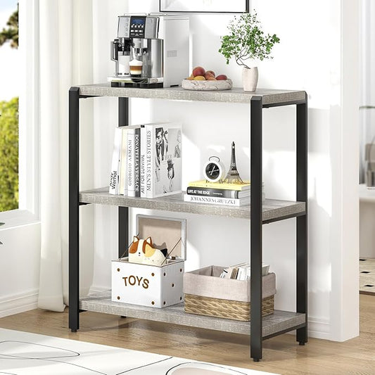 FOLUBAN 3 Tier Bookshelf, Industrial Wood and Metal Book Shelf and Bookcase, Short Book Case for Office Living Room Bedroom, Light Grey