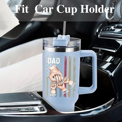 Custom Dad Tumbler with Kids Names, Personalized 40 Oz Tumbler with Handle and Straw, Personalized Birthday Gifts for Dad Husband