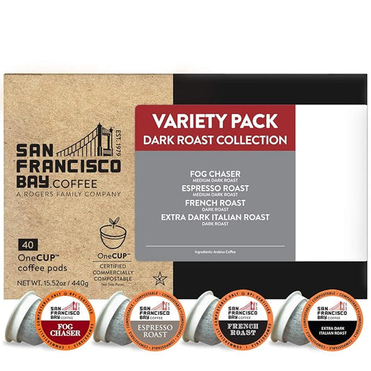 San Francisco Bay Coffee - Dark Roast Variety Pack (40 ct) - Fog Chaser, Espresso Roast, French Roast, & Extra Dark Italian - Single Serve Coffee Pods, Commercially Compostable, K Cup Compatible
