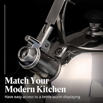 Willow & Everett Whistling Tea Kettle for Stove Top - 3.17 Quart Tea Pots for Stove Top w/Stainless Steel, Mirror Finish & Strainer