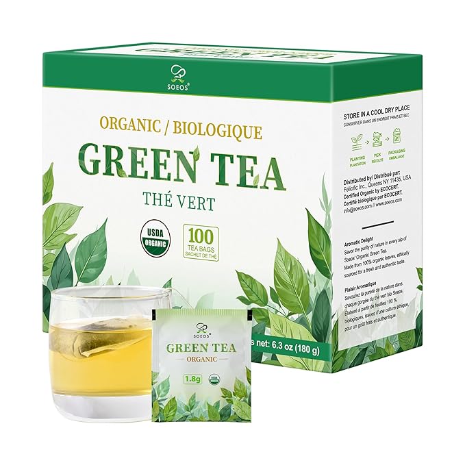 Soeos Organic Green Tea, 100 Tea Bags (Pack of 1), Caffeinated, Low Caffeine, Fresh and Healthy Green Tea, 6.3 Ounce