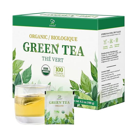 Soeos Organic Green Tea, 100 Tea Bags (Pack of 1), Caffeinated, Low Caffeine, Fresh and Healthy Green Tea, 6.3 Ounce