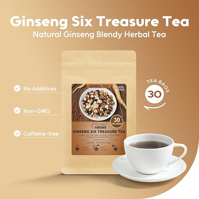 FullChea - Ginseng Six Treasure Tea, 30 Teabags, Traditional Chinese Herbal Blend for Kidney Health, Detox Tea With Ginseng, Mulberry, Huangjing, Maca, Goji Berry, Red Dates, Yam - Support Wellness
