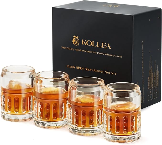 Kollea Father’s Day Shot Glasses, Flash Hider Shaped Clear Shot Glasses Set of 4 with Heavy Base, Shot Cups for Whiskey, Tequila, 21st Birthday Gifts for Men Dad, Military Fan, Men Cave Decor, 1.35 Oz