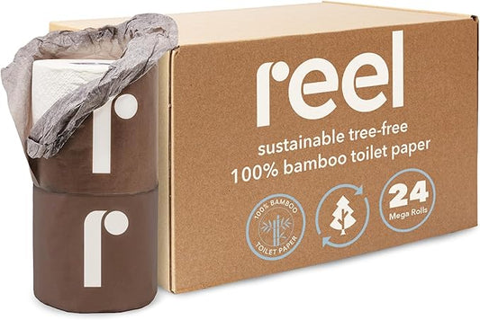 Reel Premium Toilet Paper - 24 Rolls of Toilet Paper - 3-Ply Made From Tree-Free - Zero Plastic Packaging, Septic Safe