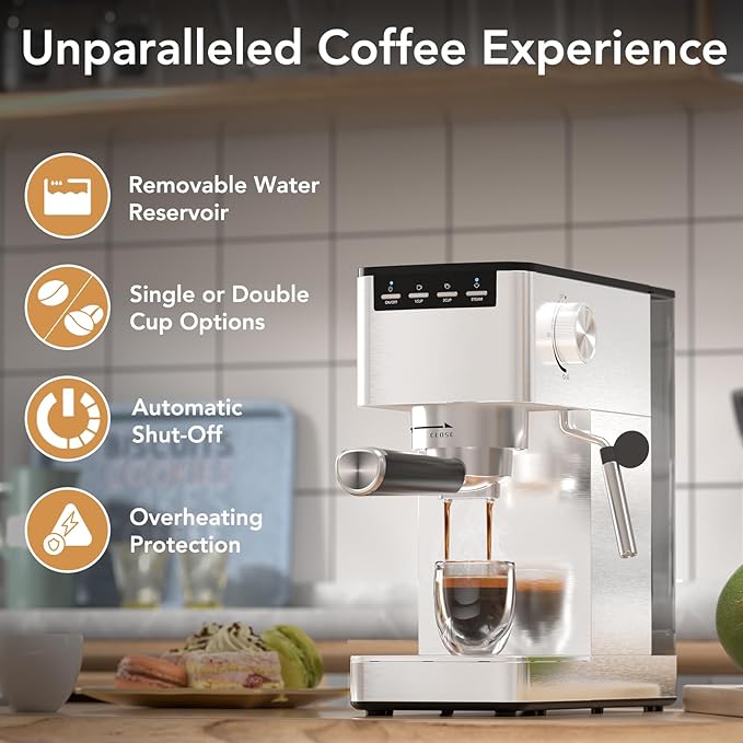 Kndko Espresso Machine, 20 Bar Espresso Coffee Maker with Steam Milk Frother, Compact Stainless Steel Coffee Machine with 40.5oz Removable Water Tank for Espresso, Latte, Cappuccino, Iced Coffee