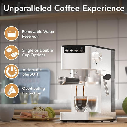 Kndko Espresso Machine, 20 Bar Espresso Coffee Maker with Steam Milk Frother, Compact Stainless Steel Coffee Machine with 40.5oz Removable Water Tank for Espresso, Latte, Cappuccino, Iced Coffee