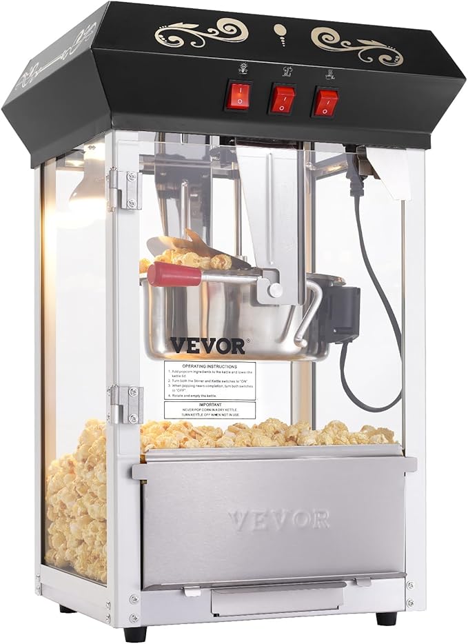 VEVOR Popcorn Maker, 850W Popcorn Popper Machine, 8 Oz Kettle Makes 48 Cups per Batch, Countertop Popcorn Maker with Tempered Glass, Includes 4 Scoops, Movie Theater Style, Black