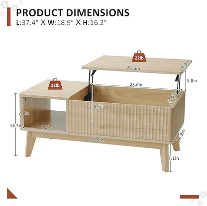 LYNCOHOME Fluted Lift Top Coffee Table with Hidden Compartment, Modern Center Table for Living Room, Home Office, Natural
