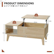 LYNCOHOME Fluted Lift Top Coffee Table with Hidden Compartment, Modern Center Table for Living Room, Home Office, Natural