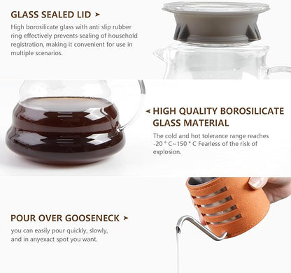 LHS Pour Over Coffee Maker Set - 4 Piece Kit Includes Gooseneck Kettle, Removable Coffee Mill Grinder, 500ML Cup & Coffee Dripper Brewer with Lid, Perfect for Home Brewing and Travel