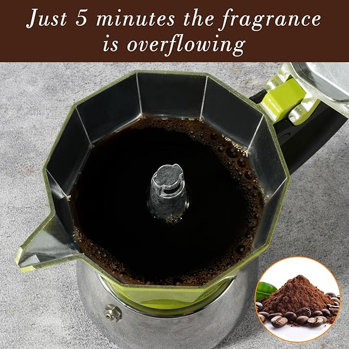 Stovetop Espresso Maker, 6Cup Moka Pot, Espresso Machine Compatible with Induction Cooktops, 300ml Stainless Steel & Aluminum Cuban Coffee Maker for Cafetera Cubana, Green