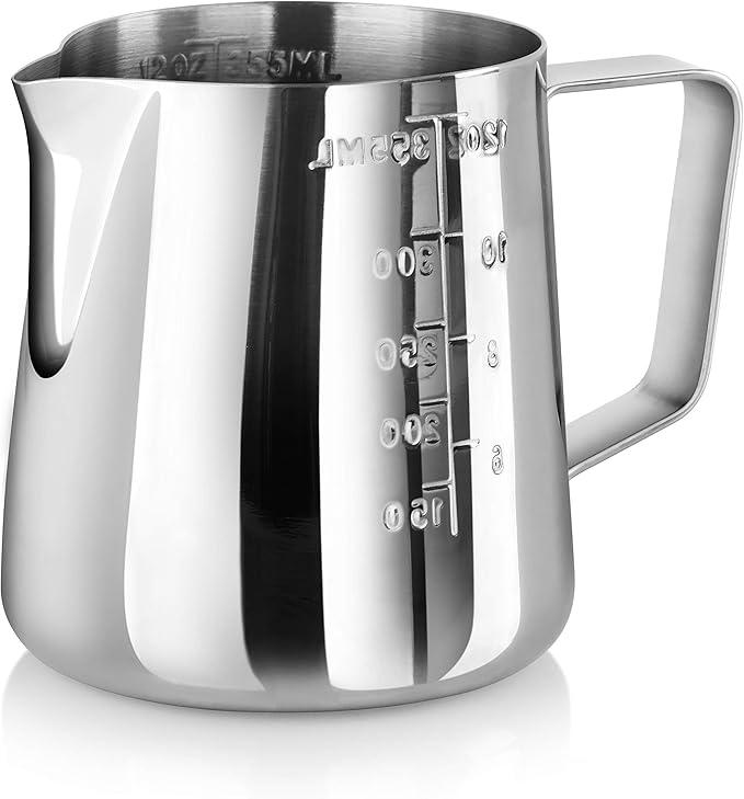 New Star Foodservice 28805 Commercial Grade Stainless Steel 18/8 Frothing Pitcher, 12-Ounce with Measurement Scale