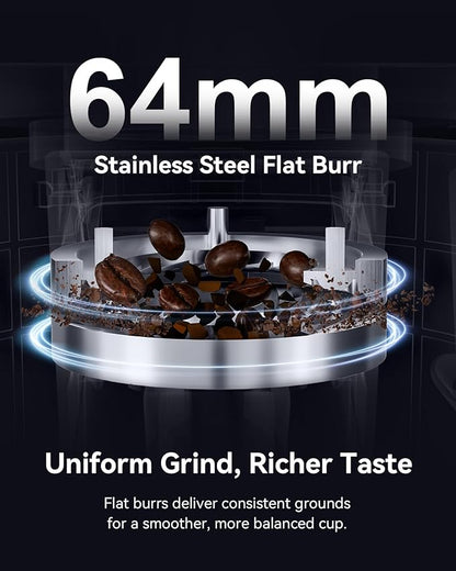 MOKKOM Professional 64mm Flat Burr Coffee Grinder with 100 Grind Settings, All-Metal Stainless Steel Body, Coffee Bean Grinder with Adjustable Electronic Timer, Anti-Static, LED Display