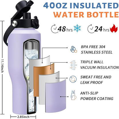 40 oz Water Bottle with Straw - Stainless Steel Insulated Water Bottle w/Survival Paracord Handle & Carrier Bag, Keep Cold-48H & Hot-24H, Thermo Coffee Cups Fits in Car Cup Holder