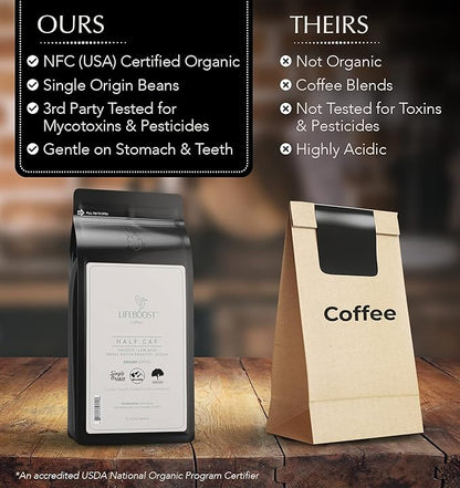 Lifeboost Coffee Half Caff Ground Coffee - Low Acid Single Origin USDA Organic Coffee - Non-GMO Ground Coffee Third Party Tested For Mycotoxins & Pesticides - 12 Ounces