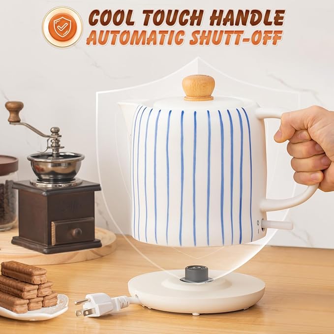 1.0-Liter Ceramic Electric Kettle, 1000W Rapid Boil, Tea Kettles Pot & Hot Water Boiler For Coffee & Tea, Teapot Auto Shut-Off, Boil-Dry Protection