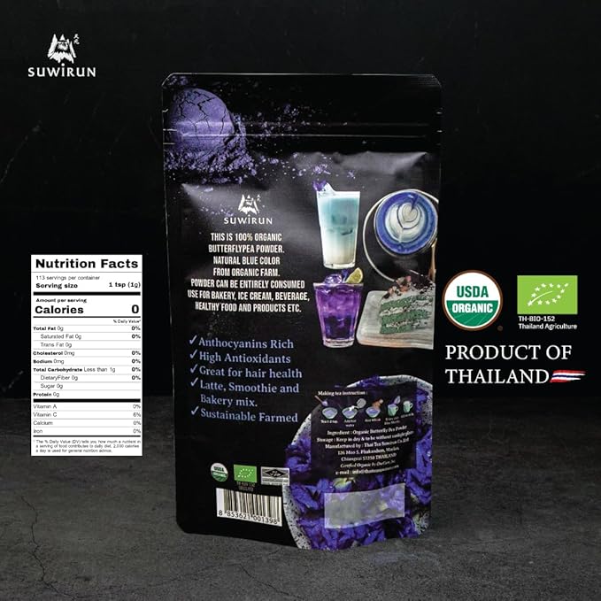 Suwirun Organic Butterfly Pea Powder 4oz – Natural Blue Tea & Superfood – Perfect for Color-Changing Drinks, Baking & Lattes – Premium Thai Herb