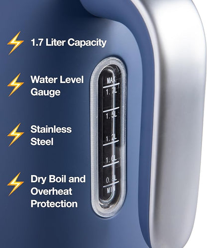 Rae Dunn Electric Hot Water Kettle - Stainless Steel Coffee Maker, Tea Kettle, Swivel Base, With Automatic Shut Off Boil-Dry Protection, Easy Pour Pitcher, 1500 Watt Boiling Power, 1.7 Liters, Navy