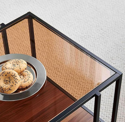 Shrine Glass Coffee Table, Modern Design, Dual-Layer Coffee Table for Living Room, Black-Plated Metal Frame, Brown Glass Top, Walnut Wood Panels