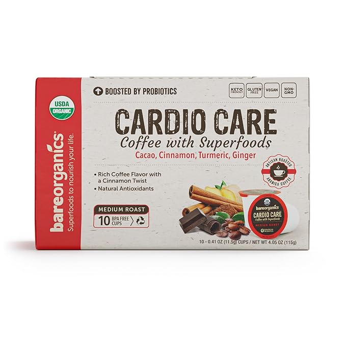 Cardio Care Organic Coffee Pods – Probiotic Coffee with Cacao, Ginger, Turmeric & Cinnamon – Healthy Superfood, Mold Free, Vegan, Gluten Free, everyday dose coffee - 10 Recyclable Single Serve K-Cups