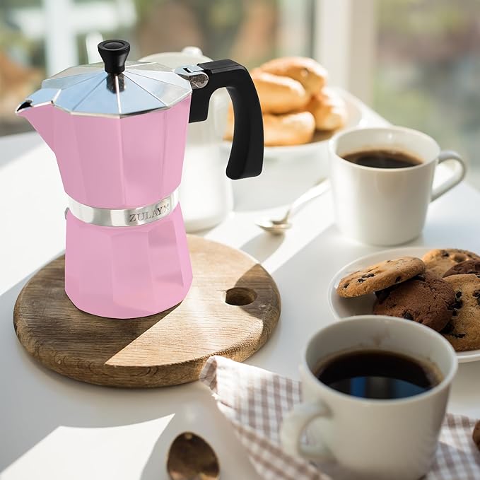 Zulay Moka Pot Espresso Stovetop Coffee Maker - Leak-Proof, Stainless Steel, Easy to Clean, Heat Resistant Handle & Knob - for Authentic Cuban & Italian Style Espresso - Makes 6 Espresso Cups - Pink
