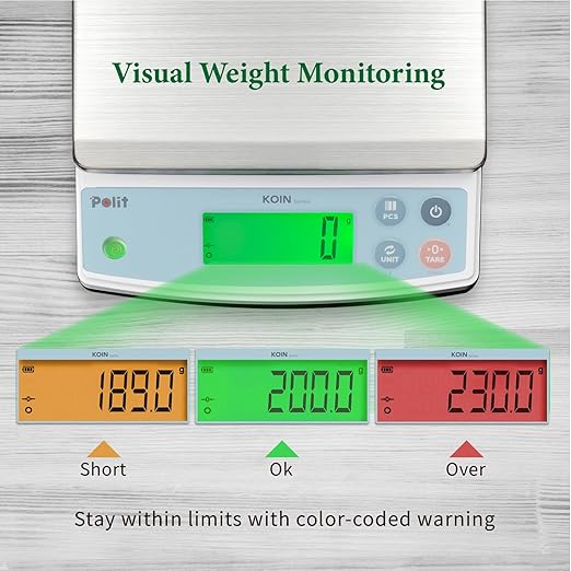 Polit KOIN Digital Food Scale 40lb – High-Capacity Rechargeable Kitchen & Packing Scale with Stainless Tray, 1g Precision and 3-Color Indicator for Baking, Meal Prep and Vendors