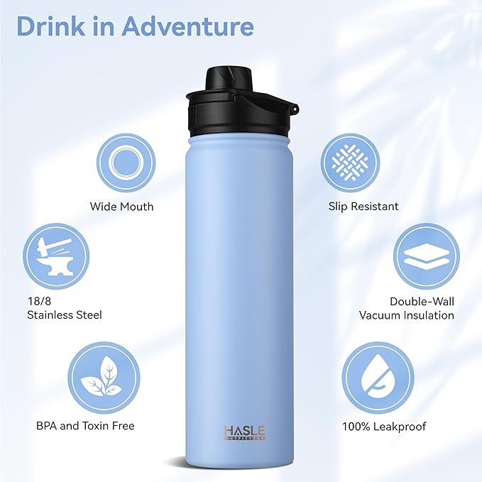HASLE OUTFITTERS Insulated Water Bottle 22 oz Double Wall Stainless Steel Water Bottle Wide Mouth with Straw Lid & Spout Lid Keeps Cold or Hot(Blue,1)