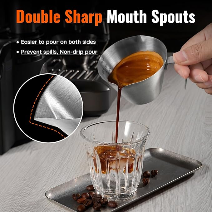 YARRAMATE 4 Pcs Stainless Steel Espresso Cups with Handle, Double Spout Metal Measuring Cup with Dual Scale, Espresso Shot cup with V-Shaped Mouth, 3.4OZ/100ML(Sliver)