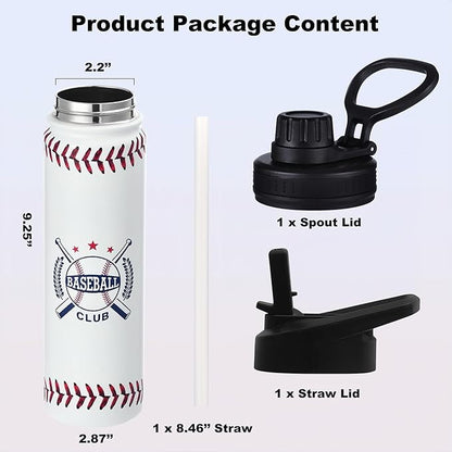 Baseball Water Bottle, 24 oz Insulated Stainless Steel Sports Bottle with Straw, Baseball Stuff Gifts for Boys
