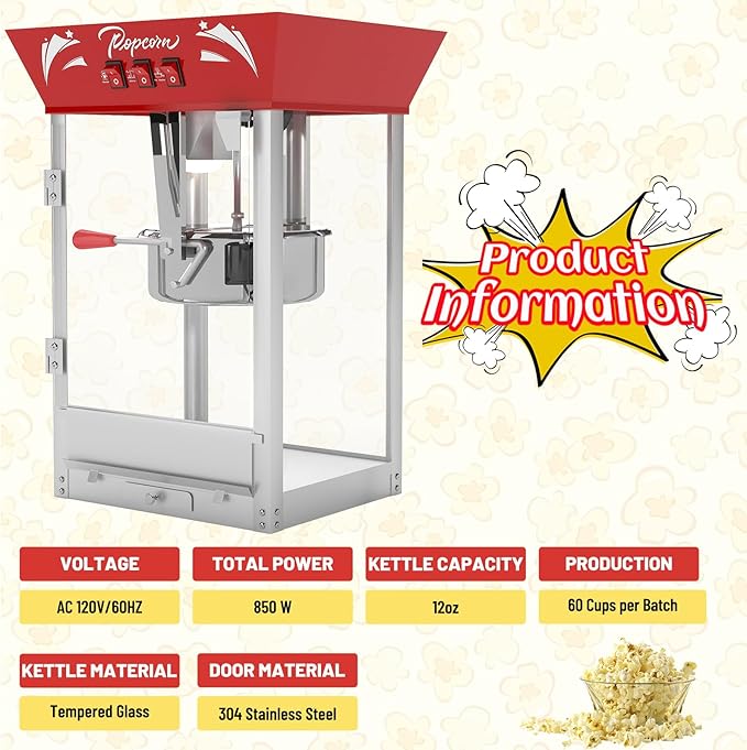 Vintage Popcorn Machine, 12oz Popper Stainless-Steel Kettle & Warming Light, Makes Up to 60 Cups, Ideal for Family Gatherings, Movie Theaters & Amusement Parks, Red