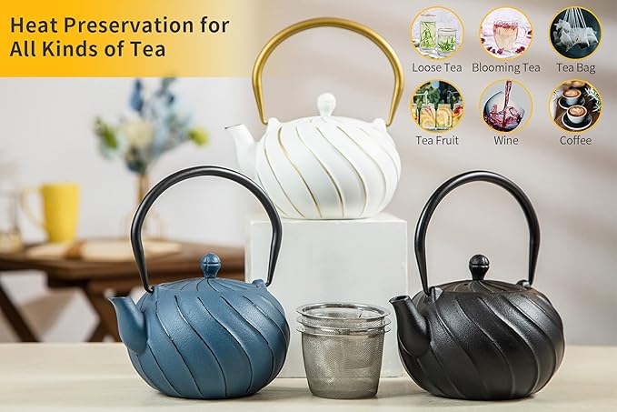 Tea Kettle, TOPTIER Japanese Cast Iron Teapot with Stainless Steel Infuser, Cast Iron Tea Kettle Stovetop Safe, Wave Design Tea Pot Coated with Enameled Interior for 30 Ounce (900 ml), White