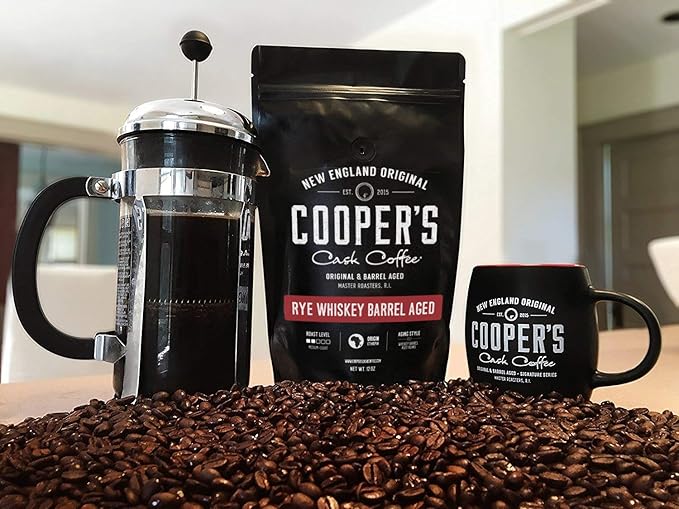 Rye Whiskey Barrel Aged Coffee, Single Origin Ethiopian Coffee Raw Beans Aged in Rye Whiskey Casks, Freshly Roasted, Battle Cry Whiskey, 5lb Bags, Ground