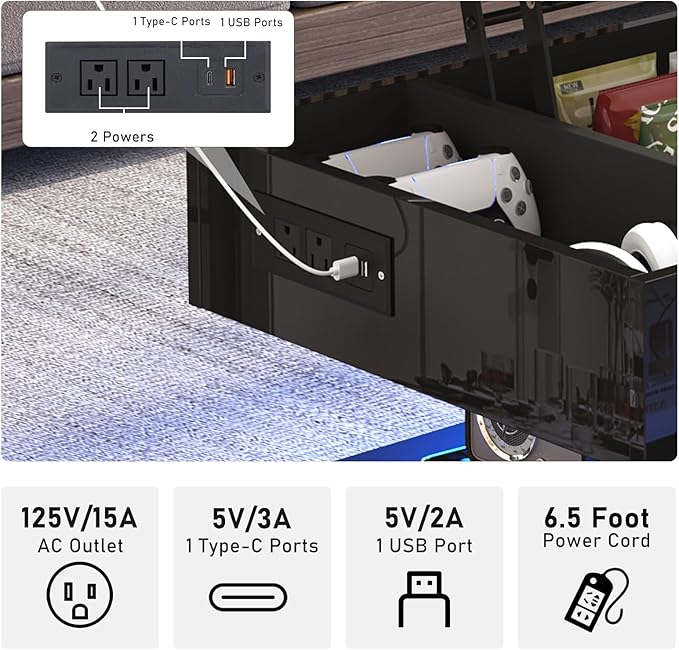 39.4" Large Lift Top Coffee Table,Modern High Glossy LED Coffee Tables for Living Room with Storage,Black Living Room Tables for Living Rooms,Dining Room,Bedroom Home Office,APP LED Lights（Black）