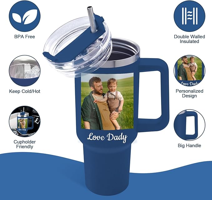 Custom Dad Tumbler with Kids Names, Personalized 40 Oz Tumbler with Handle and Straw, Personalized Birthday Gifts for Dad Husband