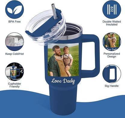 Custom Dad Tumbler with Kids Names, Personalized 40 Oz Tumbler with Handle and Straw, Personalized Birthday Gifts for Dad Husband